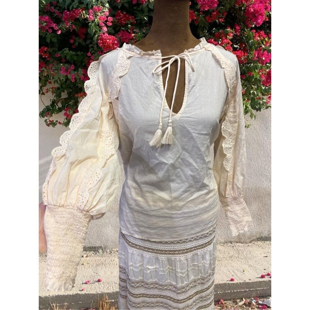 Peasant Prairie Eyelet Cotton Bohemian Festival Fairy Ruffle Long Sleeve Top